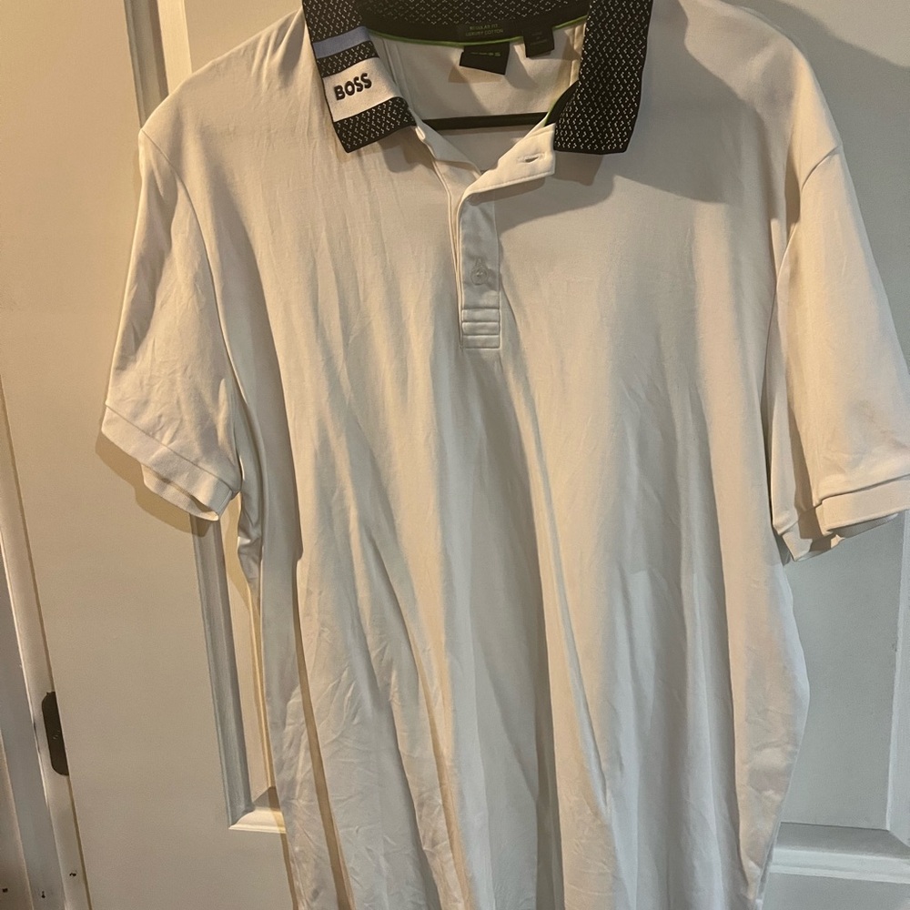 Boss White Polo with Patterned Black Collar